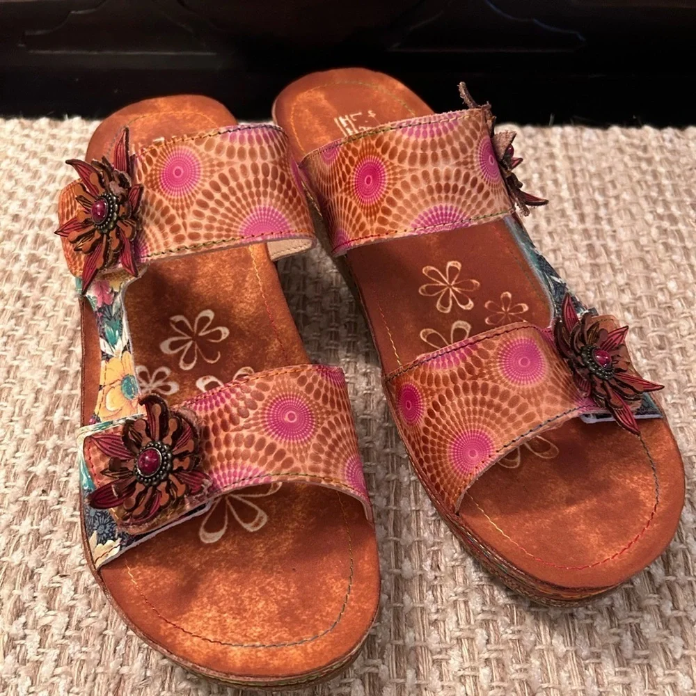L'Artiste by Spring Step Polka-CAM Cork Wedge Sandals Size EU 42 Leather Floral